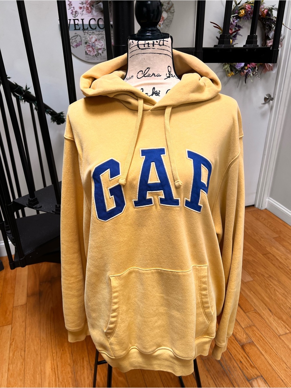 GAP Men's Crewneck Hoodie in Mustard Yellow with Blue Logo
